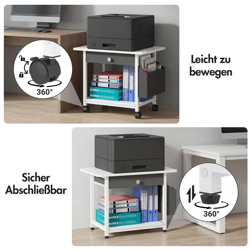 Druckertisch mit Rollen, Mobiler Druckerständer Schreibtisch mit Stoffschublade, Druckerwagen für den Schreibtisc, Home Office Druckerhalter Büro Druckerwagen Drucker Regal, Printer Stand (2 Reifen)