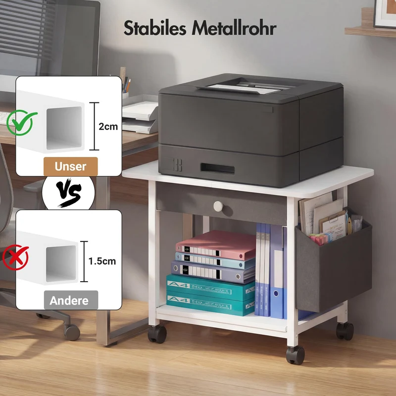 Druckertisch mit Rollen, Mobiler Druckerständer Schreibtisch mit Stoffschublade, Druckerwagen für den Schreibtisc, Home Office Druckerhalter Büro Druckerwagen Drucker Regal, Printer Stand (2 Reifen)
