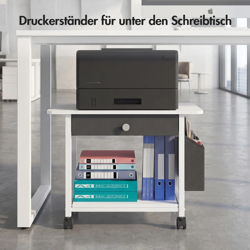 Druckertisch mit Rollen, Mobiler Druckerständer Schreibtisch mit Stoffschublade, Druckerwagen für den Schreibtisc, Home Office Druckerhalter Büro Druckerwagen Drucker Regal, Printer Stand (2 Reifen)