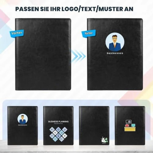 ENOMY Konferenzmappe A4 Personalisiert Schreibmappe Leder Arbeitsmappe mit Logo/Text/Foto Professional Geschäft Aktenmappe Dokumentenmappe für Lebensläufe Interviews Büro Schwarz