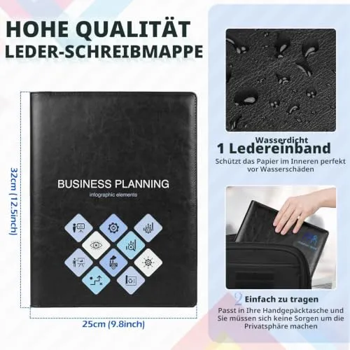 ENOMY Konferenzmappe A4 Personalisiert Schreibmappe Leder Arbeitsmappe mit Logo/Text/Foto Professional Geschäft Aktenmappe Dokumentenmappe für Lebensläufe Interviews Büro Schwarz