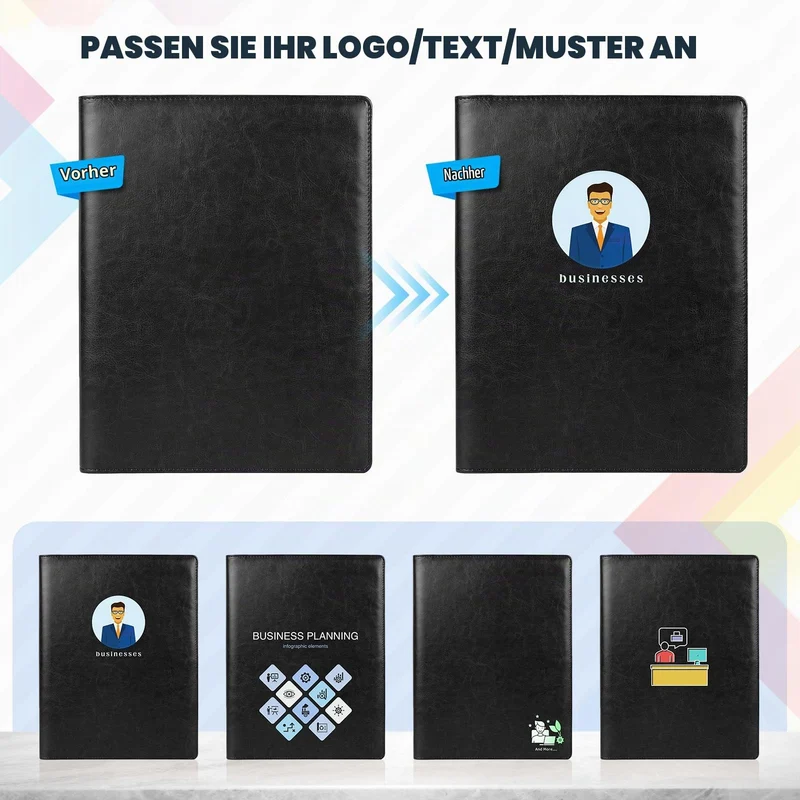 ENOMY Konferenzmappe A4 Personalisiert Schreibmappe Leder Arbeitsmappe mit Logo/Text/Foto Professional Geschäft Aktenmappe Dokumentenmappe für Lebensläufe Interviews Büro Schwarz