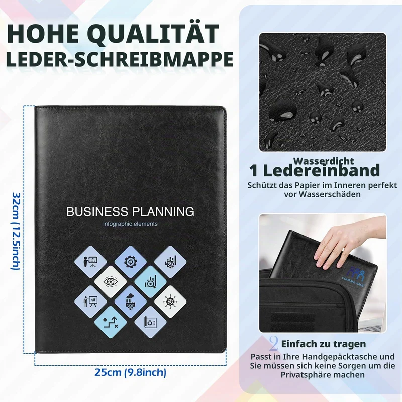 ENOMY Konferenzmappe A4 Personalisiert Schreibmappe Leder Arbeitsmappe mit Logo/Text/Foto Professional Geschäft Aktenmappe Dokumentenmappe für Lebensläufe Interviews Büro Schwarz