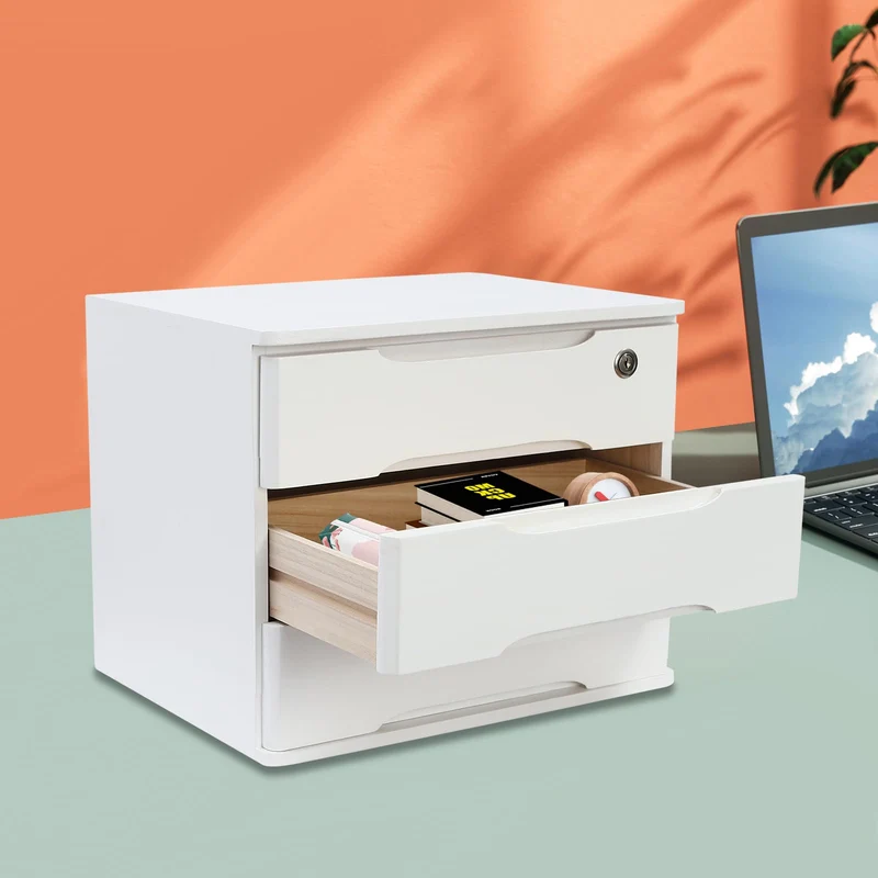 3 Schicht Desktop Storage Box, Desktop Storage Box mit abschließbarer Schublade, Bürobedarf Schublade Veranstalter für Büro Studie Dresser File Organizer, Flachablage Schrank - Weiß