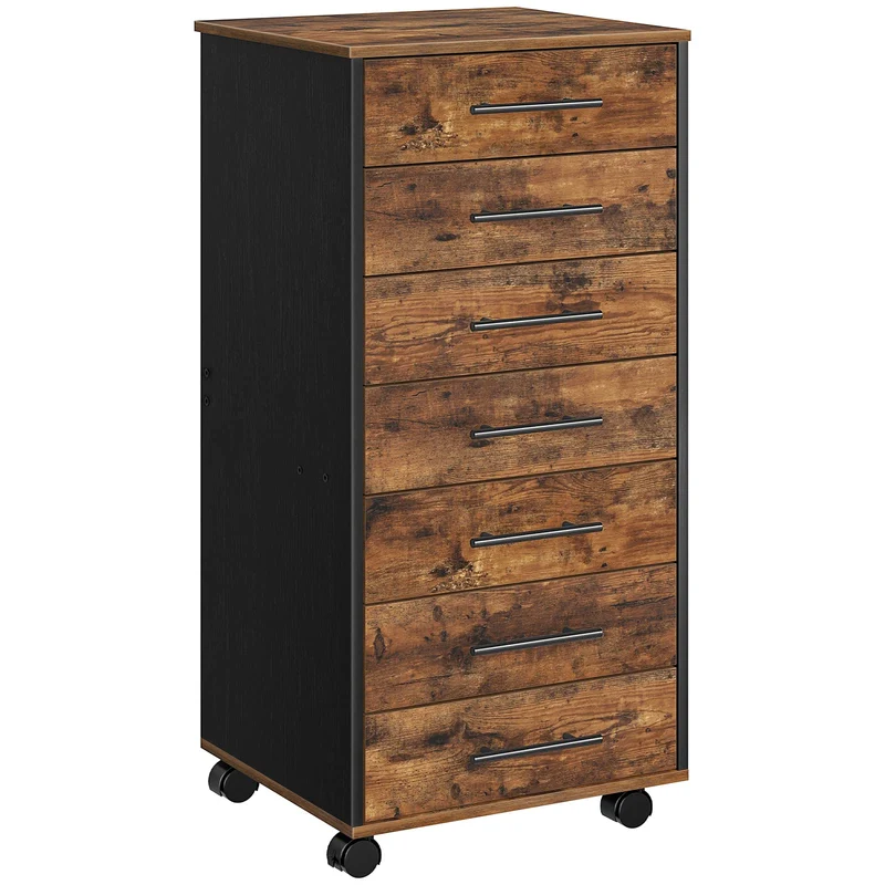 HOOBRO Rollcontainer mit 7 Schubladen, Aktenschrank, Holz Büroschrank, Büromöbel mit Schubladen, Aufbewahrungscontainer, für Büro, Arbeitszimmer, Einfache Montage, Vintagebraun und Schwarz EBF07WJ01