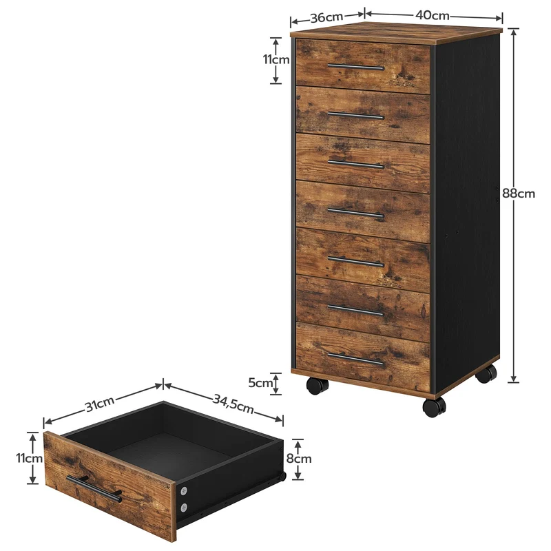 HOOBRO Rollcontainer mit 7 Schubladen, Aktenschrank, Holz Büroschrank, Büromöbel mit Schubladen, Aufbewahrungscontainer, für Büro, Arbeitszimmer, Einfache Montage, Vintagebraun und Schwarz EBF07WJ01