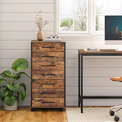 HOOBRO Rollcontainer mit 7 Schubladen, Aktenschrank, Holz Büroschrank, Büromöbel mit Schubladen, Aufbewahrungscontainer, für Büro, Arbeitszimmer, Einfache Montage, Vintagebraun und Schwarz EBF07WJ01