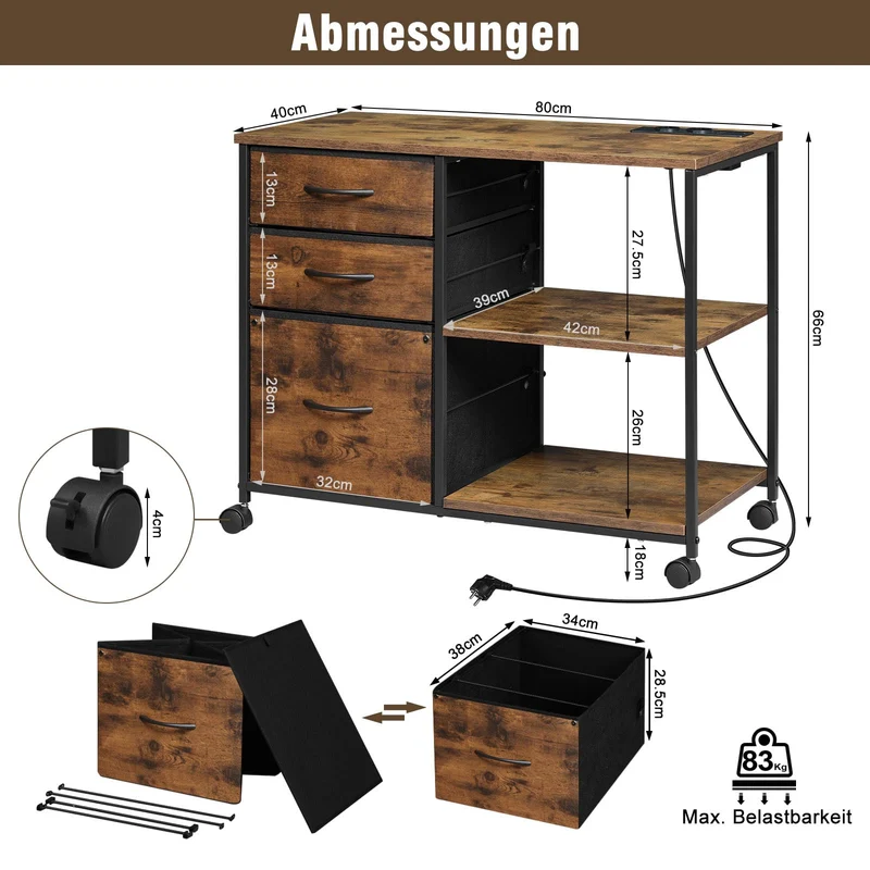 WOLTU Aktenschrank mit Ladestation, Rollcontainer mit Schubladen