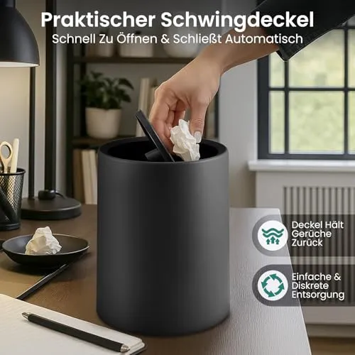 Mülleimer Büro 12 L Papierkorb mit Schwingdeckel Tischmülleimer Kosmetikeimer Schwarz Kosmetikeimer für Bad Gäste WC Praktischer mit Unsichtbarem Müllbeutel Vielseitig für Badezimmer Küche