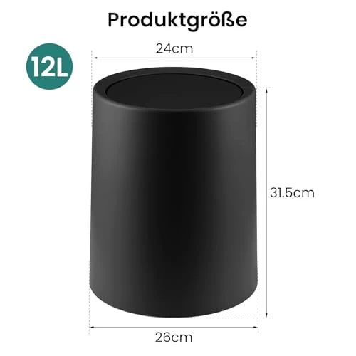 Mülleimer Büro 12 L Papierkorb mit Schwingdeckel Tischmülleimer Kosmetikeimer Schwarz Kosmetikeimer für Bad Gäste WC Praktischer mit Unsichtbarem Müllbeutel Vielseitig für Badezimmer Küche