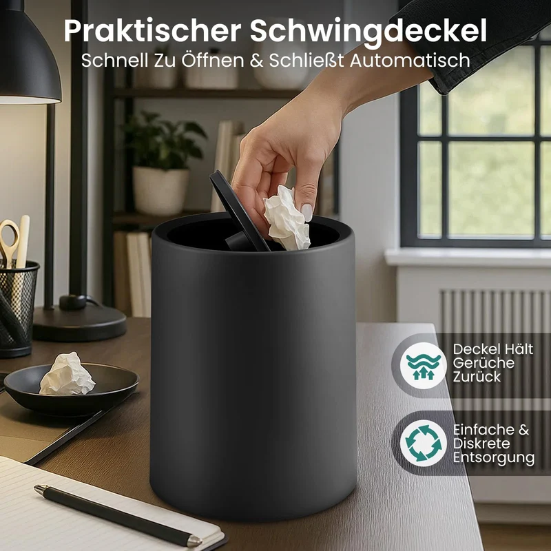 Mülleimer Büro 12 L Papierkorb mit Schwingdeckel Tischmülleimer Kosmetikeimer Schwarz Kosmetikeimer für Bad Gäste WC Praktischer mit Unsichtbarem Müllbeutel Vielseitig für Badezimmer Küche