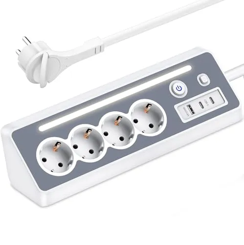 Steckdosenleiste mit 2 USB-C, 4-Fach Flachstecker Ecksteckdose mit LED