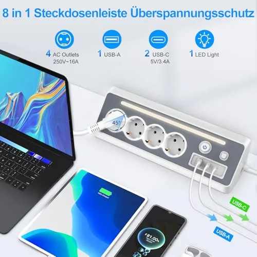 Steckdosenleiste mit 2 USB-C, 4-Fach Flachstecker Ecksteckdose mit LED