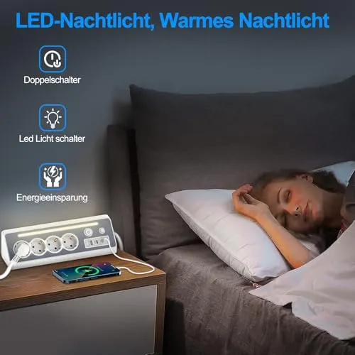 Steckdosenleiste mit 2 USB-C, 4-Fach Flachstecker Ecksteckdose mit LED