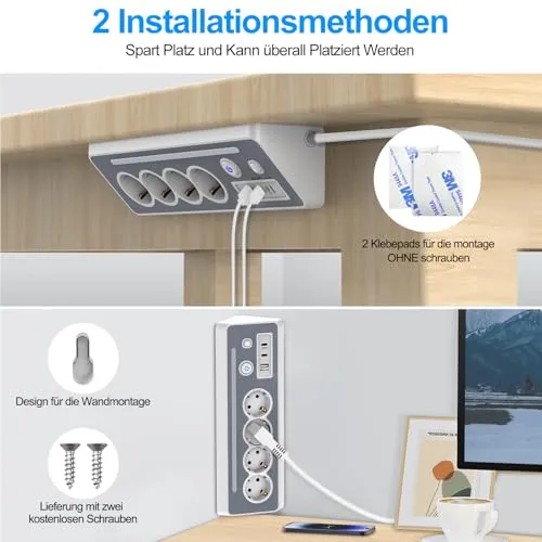 Steckdosenleiste mit 2 USB-C, 4-Fach Flachstecker Ecksteckdose mit LED
