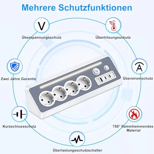 Steckdosenleiste mit 2 USB-C, 4-Fach Flachstecker Ecksteckdose mit LED