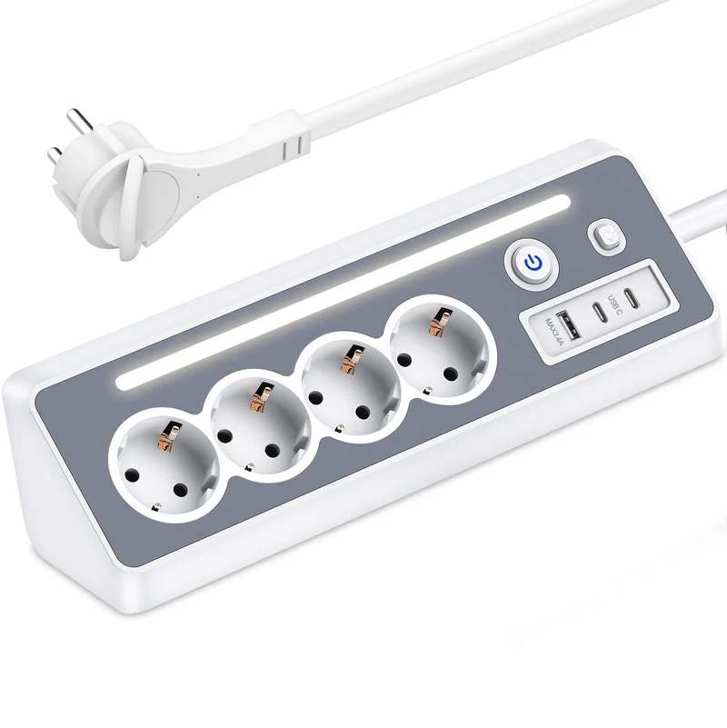 Steckdosenleiste mit 2 USB-C, 4-Fach Flachstecker Ecksteckdose mit LED