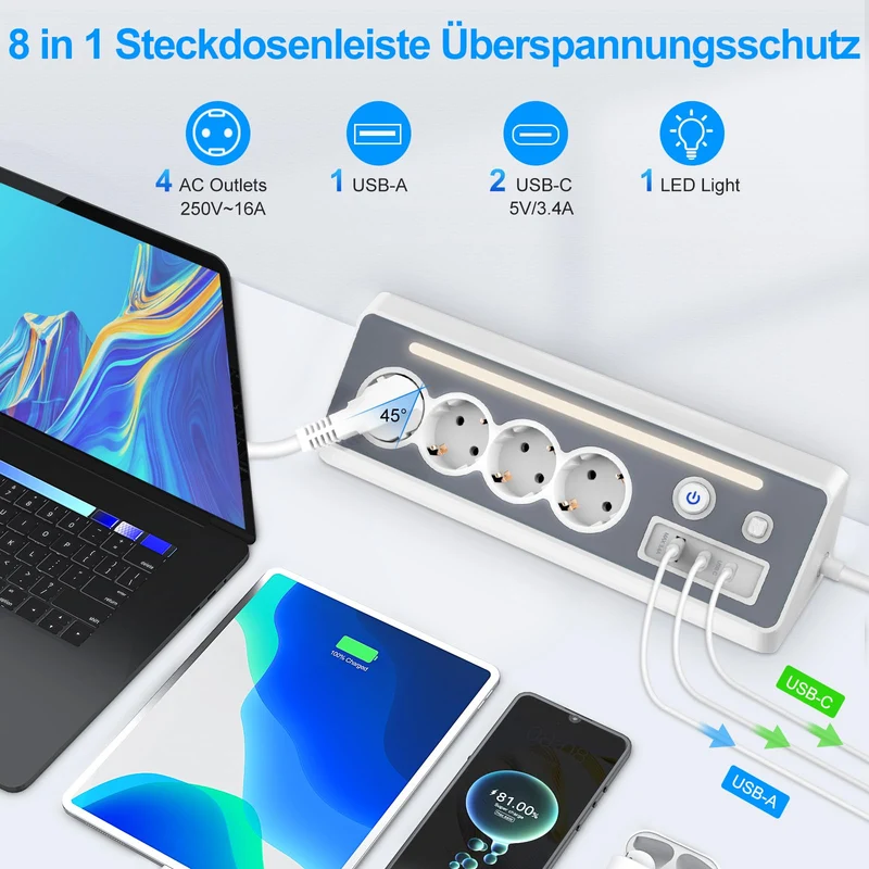 Steckdosenleiste mit 2 USB-C, 4-Fach Flachstecker Ecksteckdose mit LED