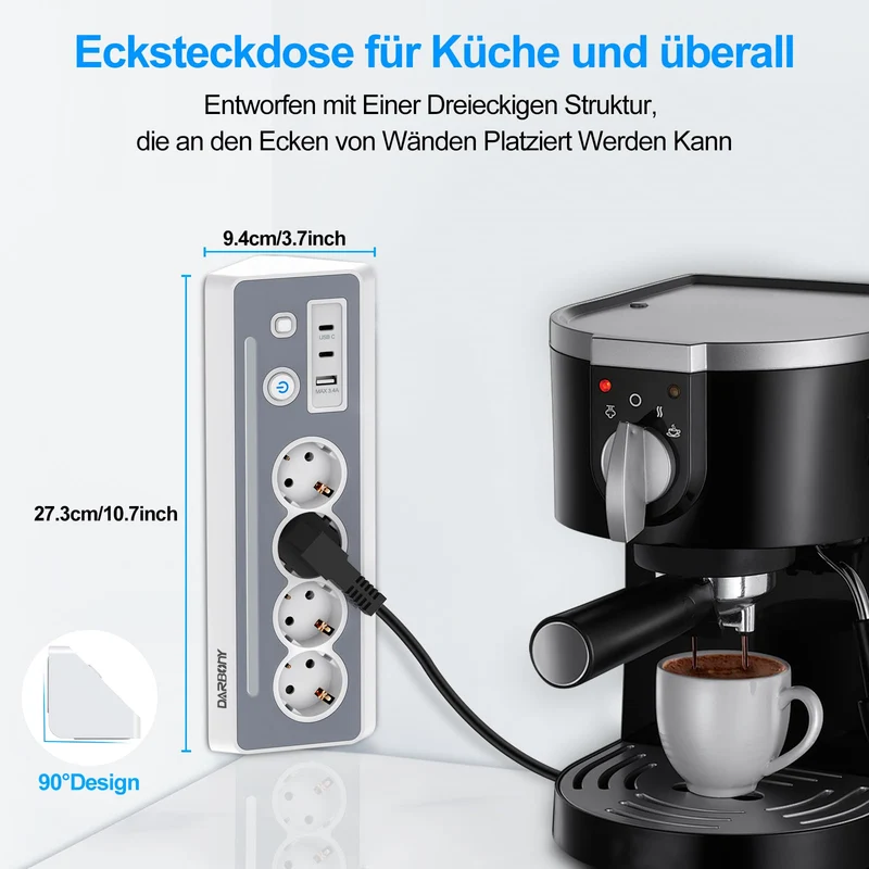 Steckdosenleiste mit 2 USB-C, 4-Fach Flachstecker Ecksteckdose mit LED
