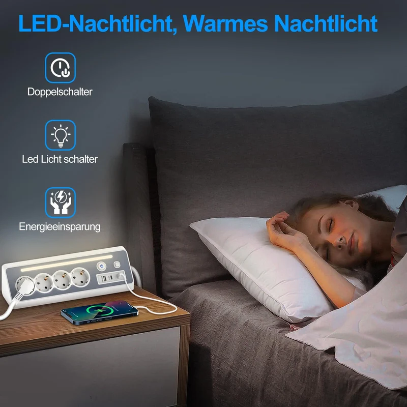 Steckdosenleiste mit 2 USB-C, 4-Fach Flachstecker Ecksteckdose mit LED