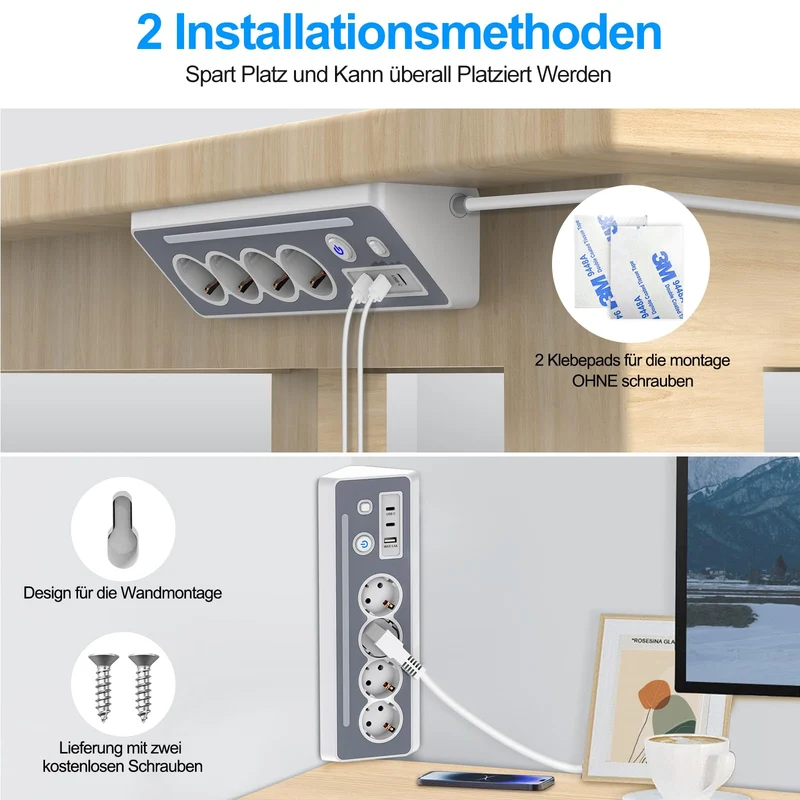 Steckdosenleiste mit 2 USB-C, 4-Fach Flachstecker Ecksteckdose mit LED