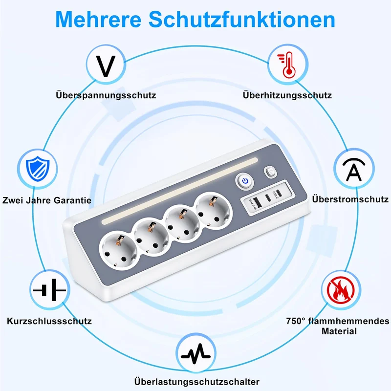Steckdosenleiste mit 2 USB-C, 4-Fach Flachstecker Ecksteckdose mit LED