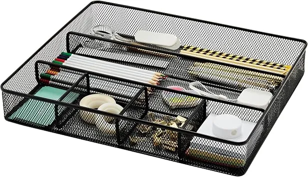 Annova Schreibtisch Schublade Organizer，Aufbewahrung Tray - Metallgeflecht mit Unterteilungen für Stifte, Schreibtischzubehör, Bad, Küche, Make-up und Bürobedarf (groß, Schwarz)