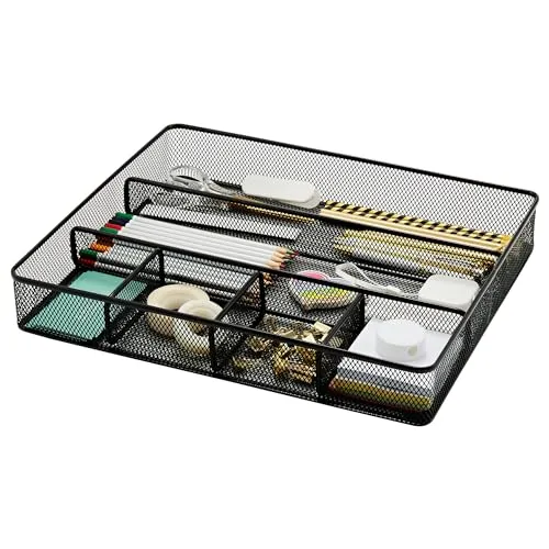 Annova Schreibtisch Schublade Organizer，Aufbewahrung Tray - Metallgeflecht mit Unterteilungen für Stifte, Schreibtischzubehör, Bad, Küche, Make-up und Bürobedarf (groß, Schwarz)