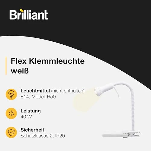 BRILLIANT Flex Klemmleuchte weiß – flexible LED Schreibtischlampe mit verstellbarem Flexarm & Schnurzwischenschalter – E14 Fassung, Weiss/Opulenter Garten