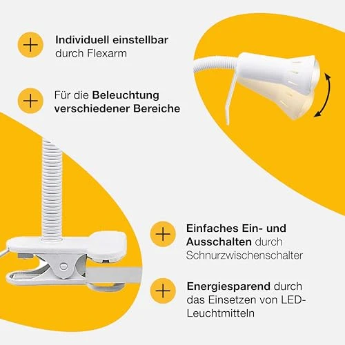 BRILLIANT Flex Klemmleuchte weiß – flexible LED Schreibtischlampe mit verstellbarem Flexarm & Schnurzwischenschalter – E14 Fassung, Weiss/Opulenter Garten