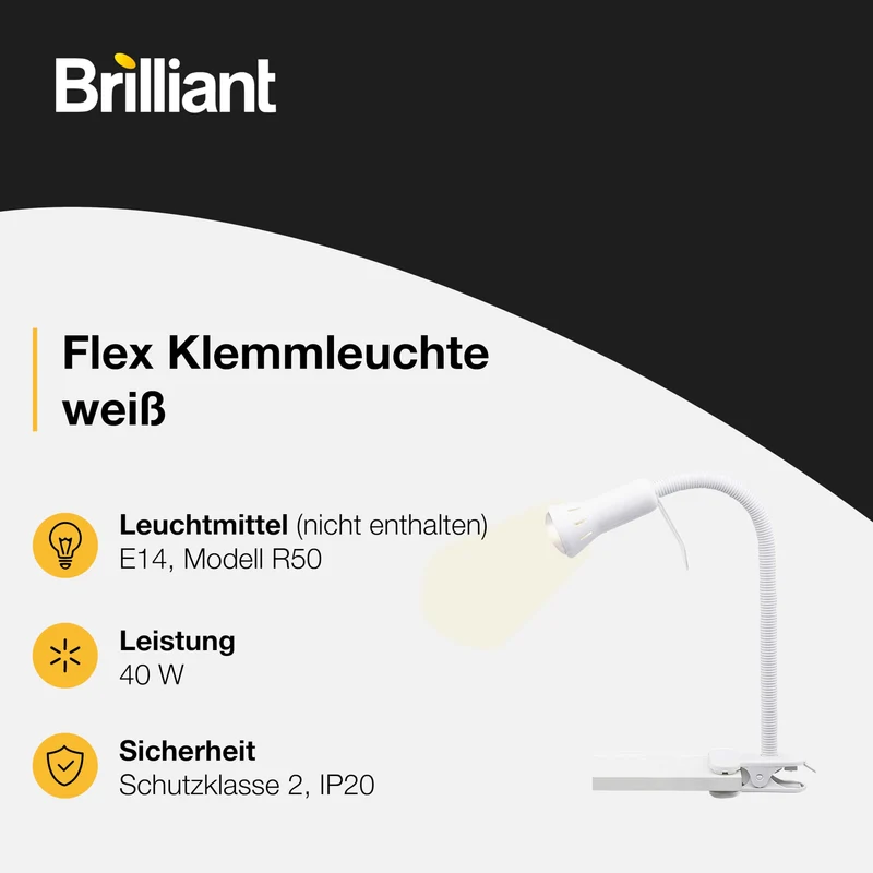 BRILLIANT Flex Klemmleuchte weiß – flexible LED Schreibtischlampe mit verstellbarem Flexarm & Schnurzwischenschalter – E14 Fassung, Weiss/Opulenter Garten