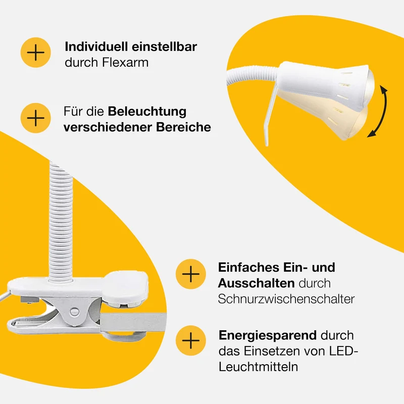 BRILLIANT Flex Klemmleuchte weiß – flexible LED Schreibtischlampe mit verstellbarem Flexarm & Schnurzwischenschalter – E14 Fassung, Weiss/Opulenter Garten