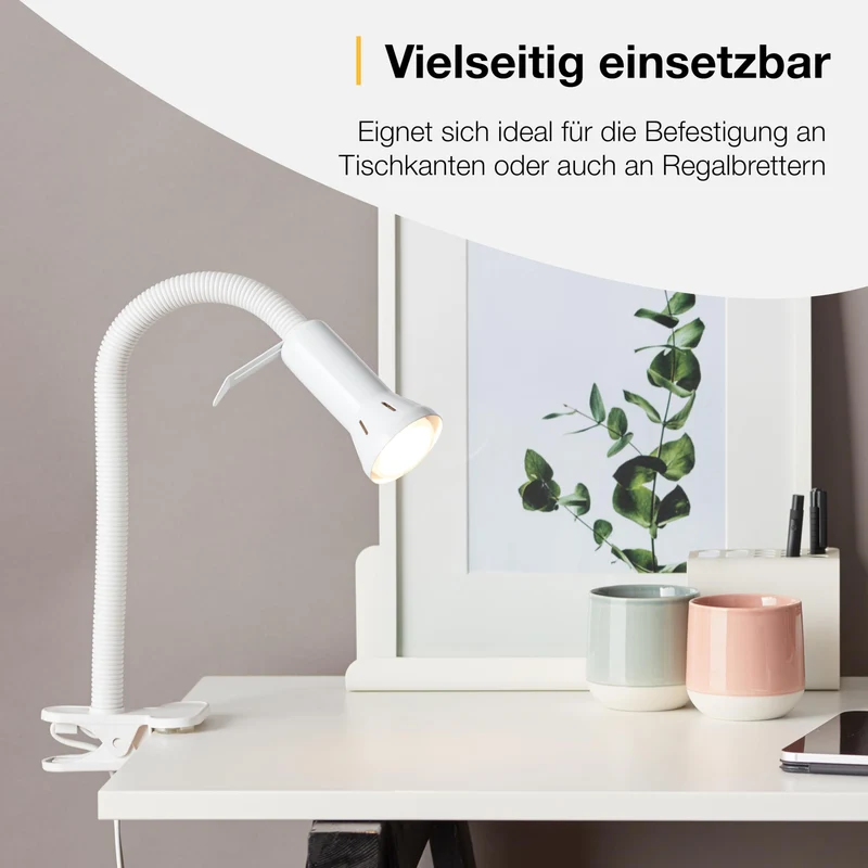 BRILLIANT Flex Klemmleuchte weiß – flexible LED Schreibtischlampe mit verstellbarem Flexarm & Schnurzwischenschalter – E14 Fassung, Weiss/Opulenter Garten