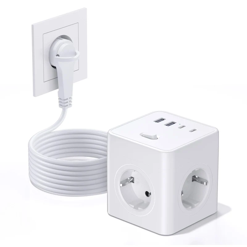 Steckdosenwürfel mit USB,8 in 1 Steckdosenleiste Flachstecker mit Schaltbar,4 Fach Steckdosenleiste mit 4 USB, Mehrfachsteckdose Power Cube mit Zugring,1.5M Kabel für Zuhause/Büro/Reisen,Weiß