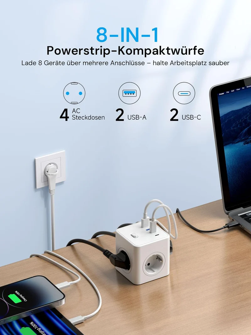 Steckdosenwürfel mit USB,8 in 1 Steckdosenleiste Flachstecker mit Schaltbar,4 Fach Steckdosenleiste mit 4 USB, Mehrfachsteckdose Power Cube mit Zugring,1.5M Kabel für Zuhause/Büro/Reisen,Weiß