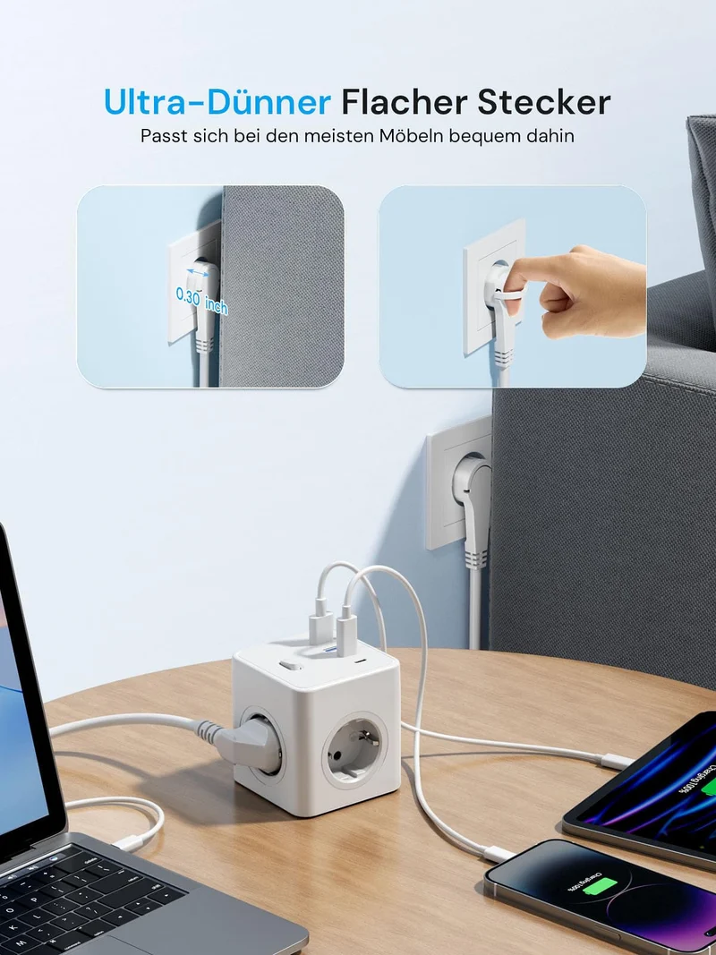 Steckdosenwürfel mit USB,8 in 1 Steckdosenleiste Flachstecker mit Schaltbar,4 Fach Steckdosenleiste mit 4 USB, Mehrfachsteckdose Power Cube mit Zugring,1.5M Kabel für Zuhause/Büro/Reisen,Weiß
