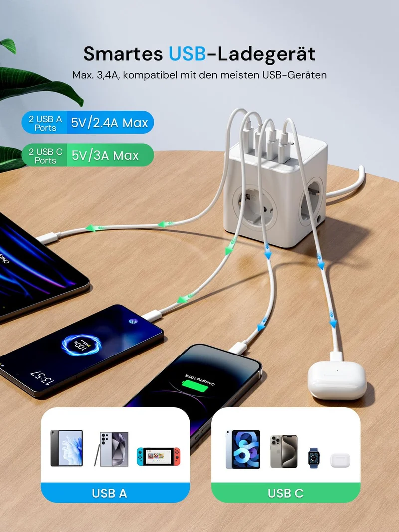 Steckdosenwürfel mit USB,8 in 1 Steckdosenleiste Flachstecker mit Schaltbar,4 Fach Steckdosenleiste mit 4 USB, Mehrfachsteckdose Power Cube mit Zugring,1.5M Kabel für Zuhause/Büro/Reisen,Weiß