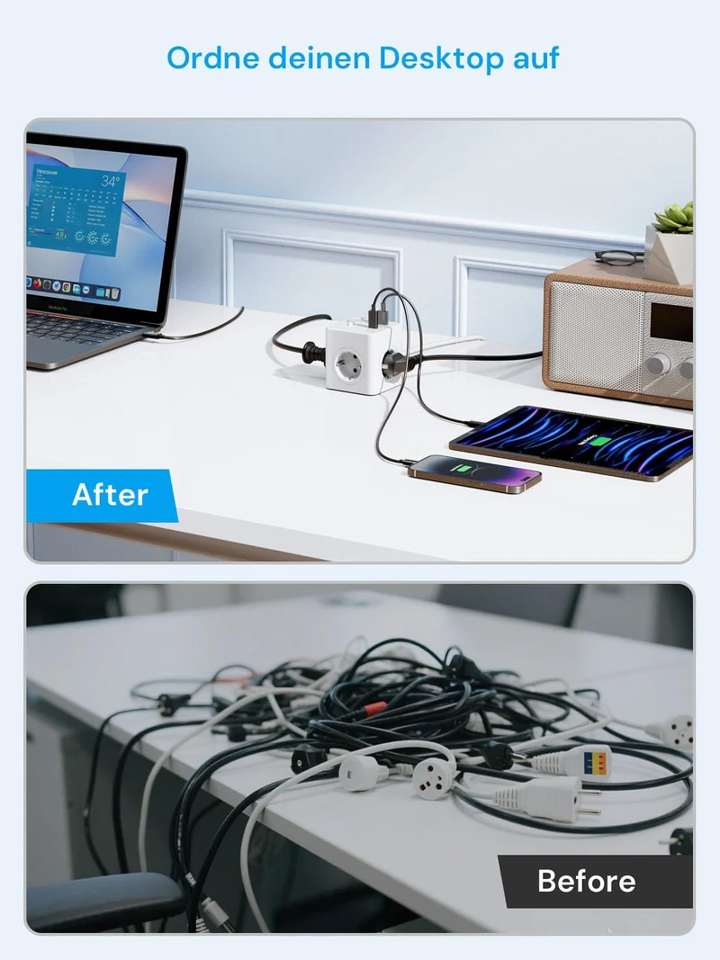 Steckdosenwürfel mit USB,8 in 1 Steckdosenleiste Flachstecker mit Schaltbar,4 Fach Steckdosenleiste mit 4 USB, Mehrfachsteckdose Power Cube mit Zugring,1.5M Kabel für Zuhause/Büro/Reisen,Weiß