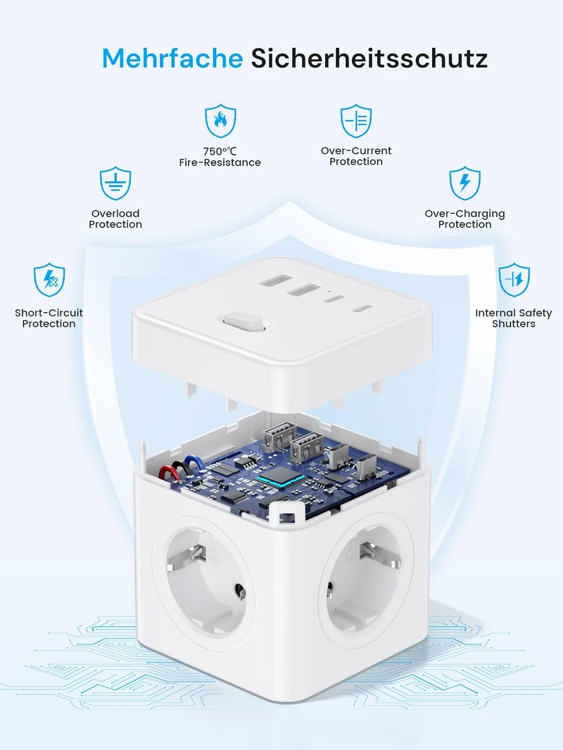 Steckdosenwürfel mit USB,8 in 1 Steckdosenleiste Flachstecker mit Schaltbar,4 Fach Steckdosenleiste mit 4 USB, Mehrfachsteckdose Power Cube mit Zugring,1.5M Kabel für Zuhause/Büro/Reisen,Weiß