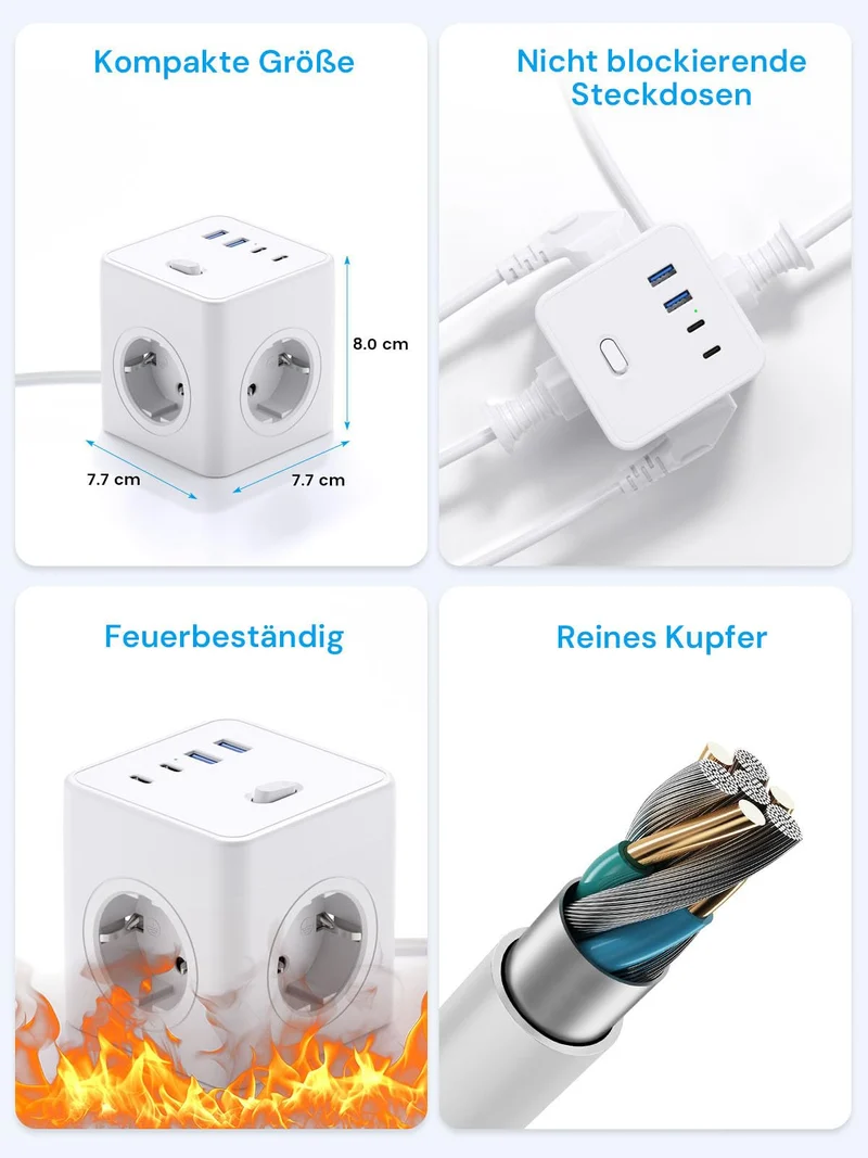 Steckdosenwürfel mit USB,8 in 1 Steckdosenleiste Flachstecker mit Schaltbar,4 Fach Steckdosenleiste mit 4 USB, Mehrfachsteckdose Power Cube mit Zugring,1.5M Kabel für Zuhause/Büro/Reisen,Weiß