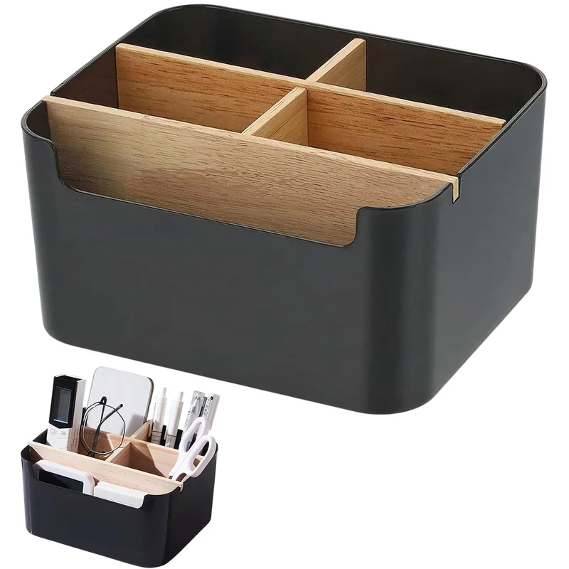 Qunkun Bambus Tisch Organizer Desktop, 5 Fächer Holz, Fernbedienungshalter