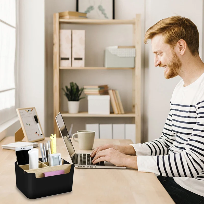 Qunkun Bambus Tisch Organizer Desktop, 5 Fächer Holz, Fernbedienungshalter