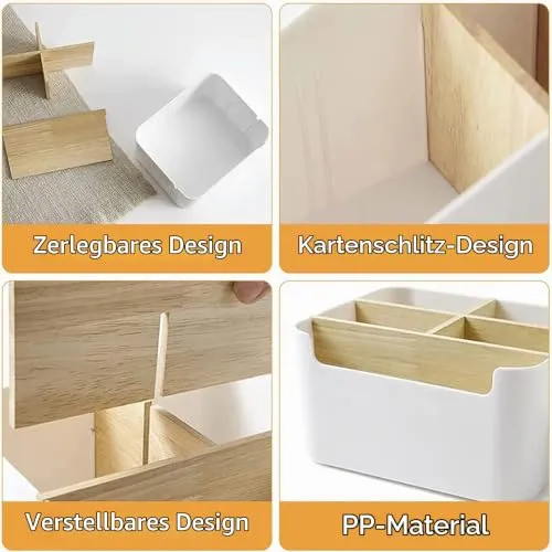 Qunkun Bambus Tisch Organizer Desktop, 5 Fächer Holz, Fernbedienungshalter