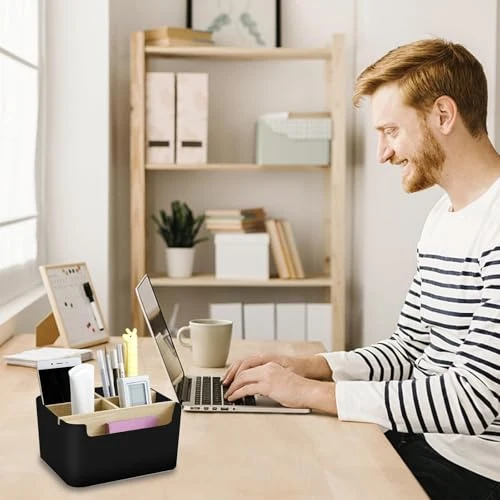 Qunkun Bambus Tisch Organizer Desktop, 5 Fächer Holz, Fernbedienungshalter