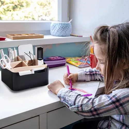 Qunkun Bambus Tisch Organizer Desktop, 5 Fächer Holz, Fernbedienungshalter