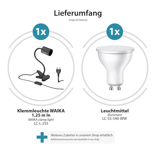 ledscom.de Klemmleuchte WAIKA mit Schwanenhals und Schalter schwarz matt, inkl. GU10 LED Lampe (warmweiß, 4,914W, 450lm, 100°)