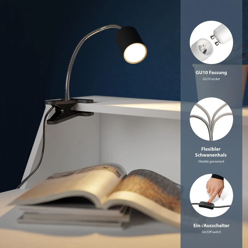 ledscom.de Klemmleuchte WAIKA mit Schwanenhals und Schalter schwarz matt, inkl. GU10 LED Lampe (warmweiß, 4,914W, 450lm, 100°)