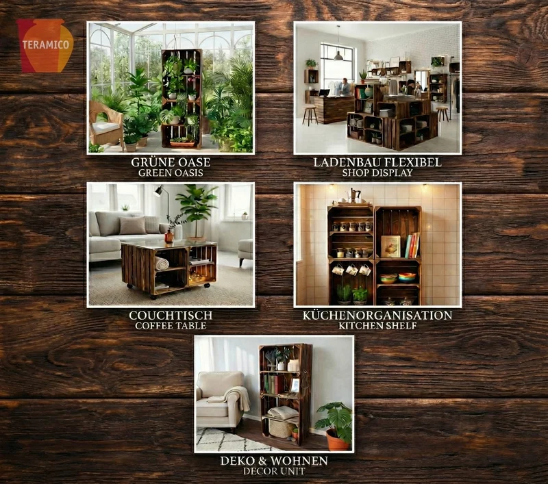 Teramico 3er Set massive Obstkisten in NATUR und GEFLAMMT mit ZWISCHENBÖDEN zum selbst einbauen -Ideal zum Möbelbau oder zur Aufbewahrung (3er Set Geflammt mit Böden)