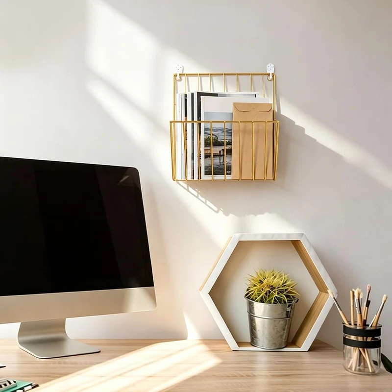 UNICRAFTALE 2 Stück Goldene Eisen Wandaufbewahrungsregal Wandmontierter Zeitschriftenhalter Mit Klebehaken Post Organizer Ideal Für Eingangsbereiche Und Küchen 10.4x9.8x3 Zoll/265x250x76mm