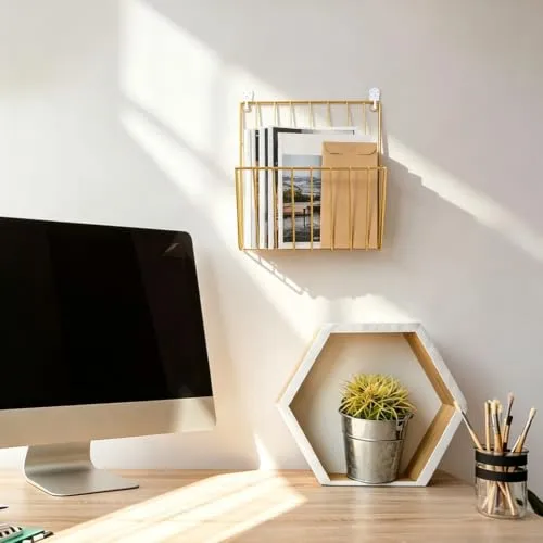 UNICRAFTALE 2 Stück Goldene Eisen Wandaufbewahrungsregal Wandmontierter Zeitschriftenhalter Mit Klebehaken Post Organizer Ideal Für Eingangsbereiche Und Küchen 10.4x9.8x3 Zoll/265x250x76mm
